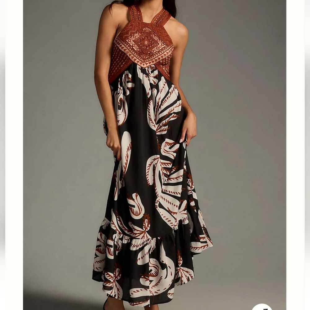 Anthropologie Deco Printed Black and Brown Halter Maxi Dress